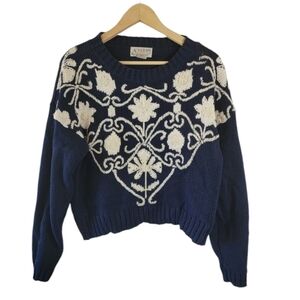 VTG Y2K Blue White Floral Chunky 3-D Knit Pullover Sweater Sz M Crop Cottagecore